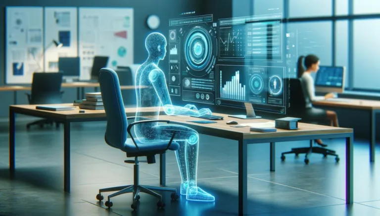 DALL·E 2024 02 22 06.25.53 An image illustrating a gender neutral digital employee in the form of a holographic figure sitting at a desk and working on a computer in an office