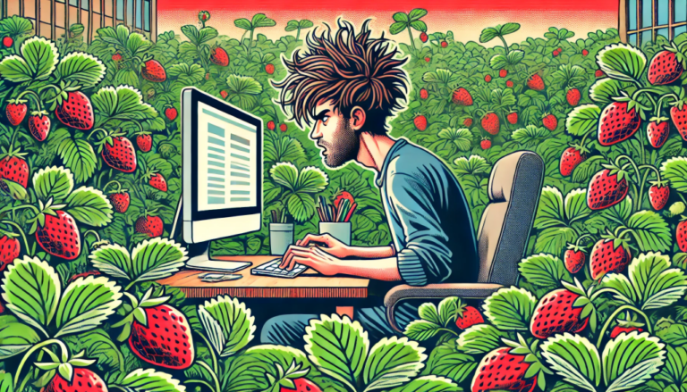 cartoon man with shaggy hair typing pc strawberry garden