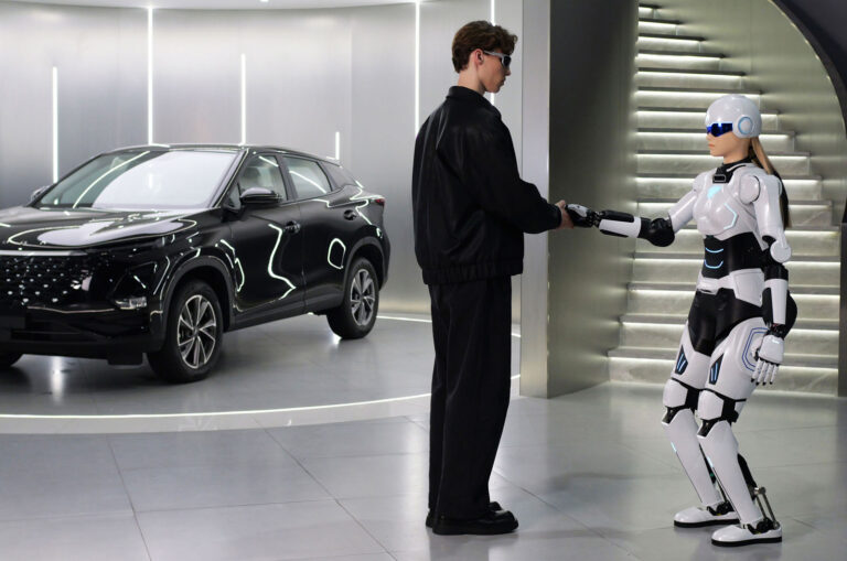 chery aimoga robot in a car dealership